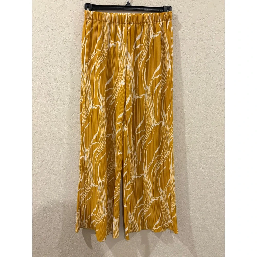 Rafaella Mustard Yellow White Abstract Pleated Wide Leg Pants Small - Picture 1 of 7